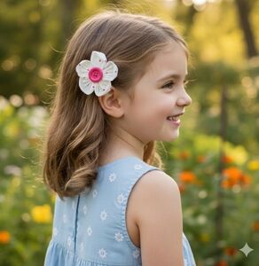 Girls Handmade 2pc Set Of White/Pink Flower Hair Clips- Brand New